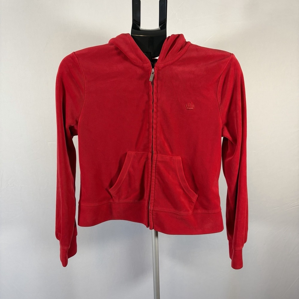Juicy Couture Medium Y2K Red Velour Zip Hoodie Pockets Logo VTG Girly Sporty
